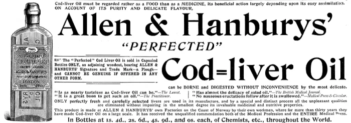 Framed Print : Advertisement for Allen & Hanburys 'Perfected' Cod=liver Oil, 1895 Framed Print : Advertisement for Allen & Hanburys 'Perfected' Cod=liver Oil, 1895