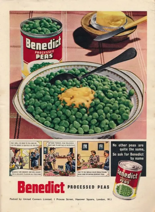 Framed Print : Advert for Benedict processed peas, 1951 Framed Print : Advert for Benedict processed peas, 1951