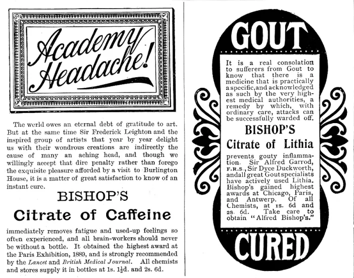 Framed Print : Advertisement for Bishop's Citrate of Caffeine and Citrate of Lithia, 1895. Creator: Unknown. Advertisement for Bishop's Citrate of Caffeine and Citrate of Lithia, 1895 Framed Print : Advertisement for Bishop's Citrate of Caffeine and Citrate of Lithia, 1895. Creator: Unknown. Advertisement for Bishop's Citrate of Caffeine and Citrate of Lithia, 1895