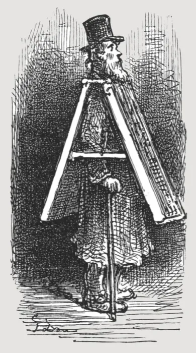 Framed Print : Advertising Board - Man, 1872. Creator: Gustave Doré Framed Print : Advertising Board - Man, 1872. Creator: Gustave Doré