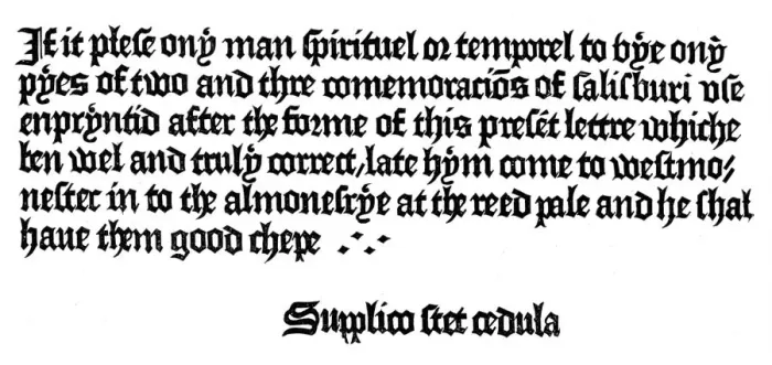 Framed Print : Advertisement for a book printed by William Caxton, 15th century (1893) Framed Print : Advertisement for a book printed by William Caxton, 15th century (1893)