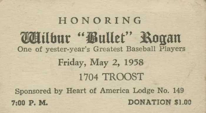 Framed Print : Advertising card for an event honoring Wilbur Bullet'Rogan, May 2, 1958 Framed Print : Advertising card for an event honoring Wilbur Bullet'Rogan, May 2, 1958