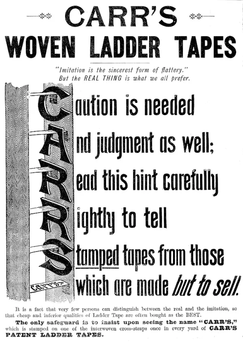 Framed Print : Advertisement for Carr's Woven Ladder Tapes, 1895. Creator: Unknown. Advertisement for Carr's Woven Ladder Tapes, 1895. Creator: Unknown Framed Print : Advertisement for Carr's Woven Ladder Tapes, 1895. Creator: Unknown. Advertisement for Carr's Woven Ladder Tapes, 1895. Creator: Unknown