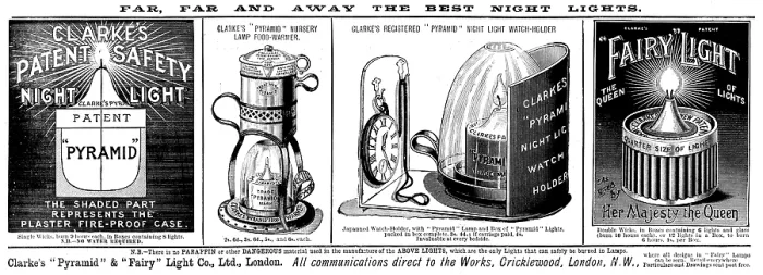 Framed Print : Advertisement for Clarke's 'Pyramid' & 'Fairy' Light Co. Ltd. 1895 Framed Print : Advertisement for Clarke's 'Pyramid' & 'Fairy' Light Co. Ltd. 1895