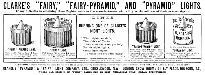 Framed Print : Advertisement for Clarke's 'Pyramid' & 'Fairy' Light Company, 1890. Creator: Unknown Framed Print : Advertisement for Clarke's 'Pyramid' & 'Fairy' Light Company, 1890. Creator: Unknown