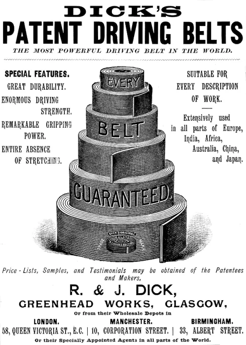 Framed Print : Advertisement for Dick's Patent Driving Belts, 1895. Creator: Unknown. Advertisement for Dick's Patent Driving Belts, 1895. Creator: Unknown Framed Print : Advertisement for Dick's Patent Driving Belts, 1895. Creator: Unknown. Advertisement for Dick's Patent Driving Belts, 1895. Creator: Unknown