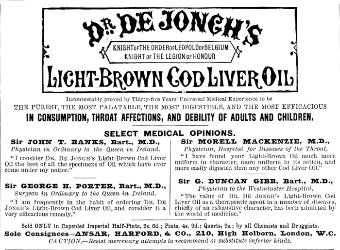 Framed Print : Advertisement for Dr. de Jongh's Light-Brown Cod Liver Oil, 1890. Creator: Unknown Framed Print : Advertisement for Dr. de Jongh's Light-Brown Cod Liver Oil, 1890. Creator: Unknown