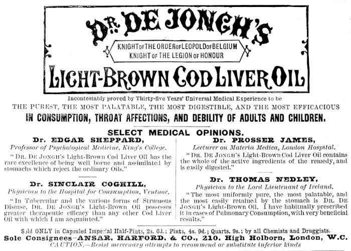 Framed Print : Advertisement for Dr. De Jongh's Light-Brown Cod Liver Oil, 1890. Creator: Unknown Framed Print : Advertisement for Dr. De Jongh's Light-Brown Cod Liver Oil, 1890. Creator: Unknown