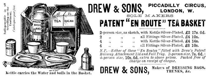 Framed Print : Advertisement for Drew & Sons Patent 'En Route Tea Basket, 1895 Framed Print : Advertisement for Drew & Sons Patent 'En Route Tea Basket, 1895