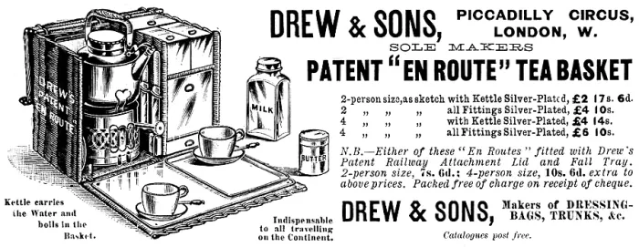 Framed Print : Advertisement for Drew & Sons Patent 'En Route' Tea Basket, 1895 Framed Print : Advertisement for Drew & Sons Patent 'En Route' Tea Basket, 1895