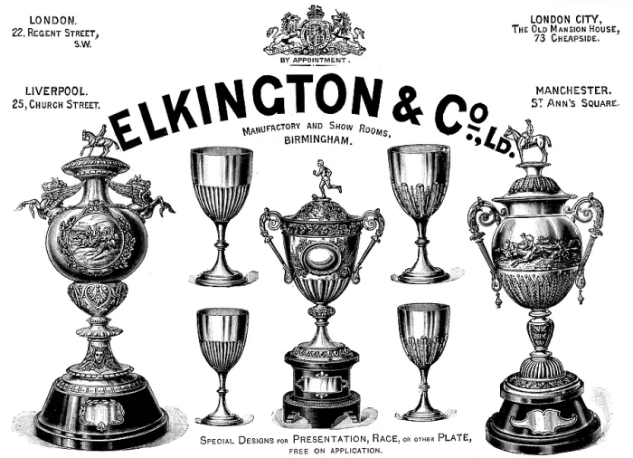 Framed Print : Advertisement for Elkington & Co. Ltd. manufactory and show rooms, 1895. Creator: Unknown Framed Print : Advertisement for Elkington & Co. Ltd. manufactory and show rooms, 1895. Creator: Unknown