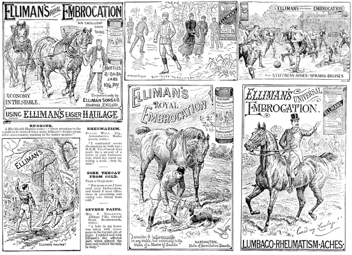 Framed Print : Advertisement for Elliman's Royal and Universal Embrocations, 1895. Creator: Unknown. Advertisement for Elliman's Royal and Universal Embrocations, 1895. Creator: Unknown Framed Print : Advertisement for Elliman's Royal and Universal Embrocations, 1895. Creator: Unknown. Advertisement for Elliman's Royal and Universal Embrocations, 1895. Creator: Unknown