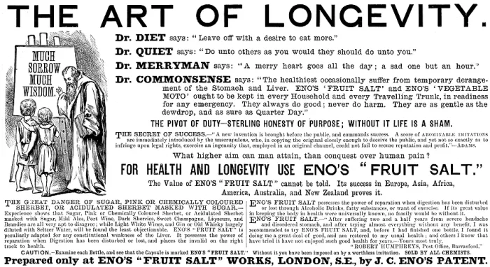 Framed Print : Advertisement for Eno's 'Fruit Salt', 1890. Creator: Unknown Framed Print : Advertisement for Eno's 'Fruit Salt', 1890. Creator: Unknown