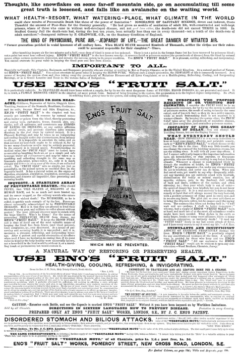 Framed Print : Advertisement for Eno's 'Fruit Salt', 1890. Creator: Unknown Framed Print : Advertisement for Eno's 'Fruit Salt', 1890. Creator: Unknown
