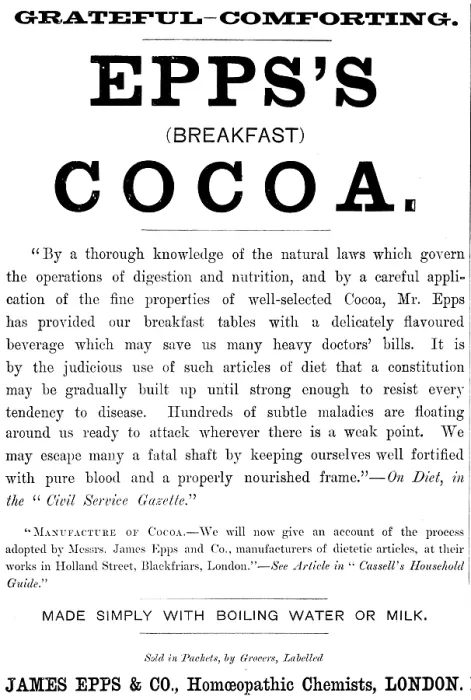 Framed Print : Advertisement for Epps's (Breakfast) Cocoa, 1890. Creator: Unknown Framed Print : Advertisement for Epps's (Breakfast) Cocoa, 1890. Creator: Unknown
