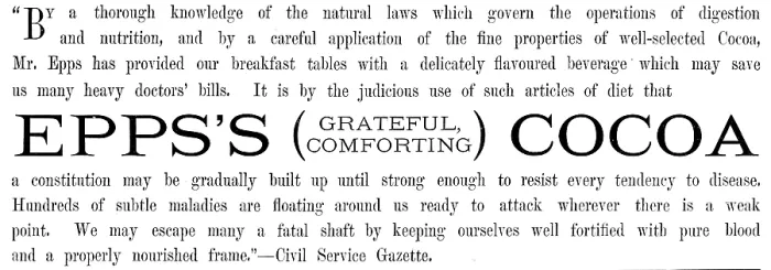 Framed Print : Advertisement for Epps's (Grateful, Comforting) Cocoa, 1890. Creator: Unknown Framed Print : Advertisement for Epps's (Grateful, Comforting) Cocoa, 1890. Creator: Unknown