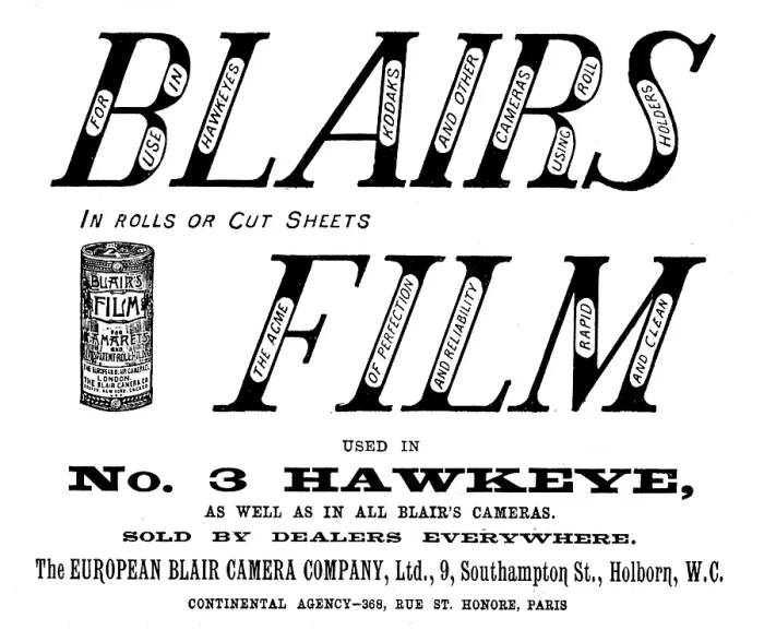 Framed Print : Advertisement for the European Blair Camera Company, Ltd. 1895. Creator: Unknown Framed Print : Advertisement for the European Blair Camera Company, Ltd. 1895. Creator: Unknown
