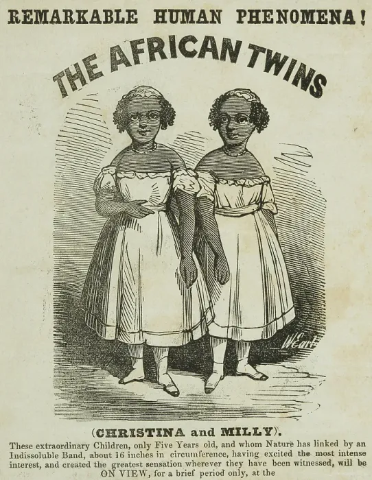 Framed Print : Advertisement for exhibition featuring The African Twins at Egyptian Hall, Piccadilly, 1855. Creator: Unknown Framed Print : Advertisement for exhibition featuring The African Twins at Egyptian Hall, Piccadilly, 1855. Creator: Unknown