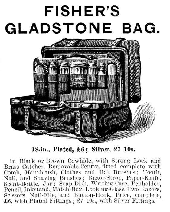 Framed Print : Advertisement for Fisher's Gladstone Bag, 1890. Creator: Unknown Framed Print : Advertisement for Fisher's Gladstone Bag, 1890. Creator: Unknown