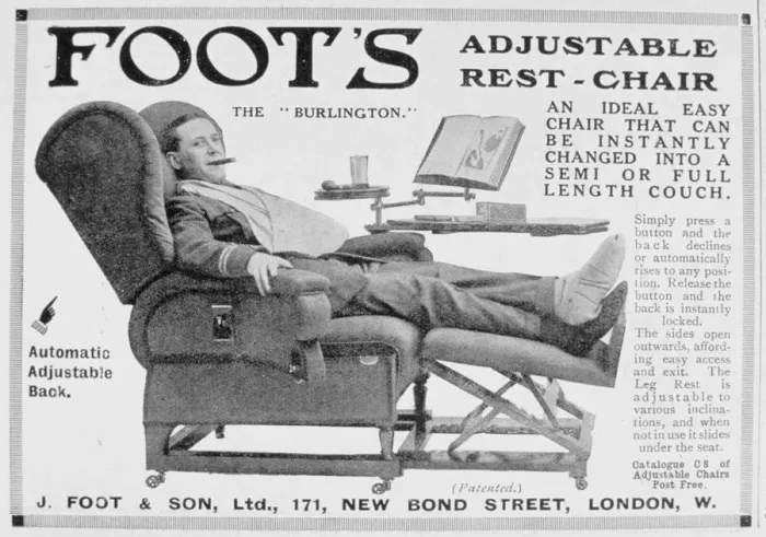 Framed Print : Advert for Foots Burlington adjustable rest-chair, 1916 Framed Print : Advert for Foots Burlington adjustable rest-chair, 1916
