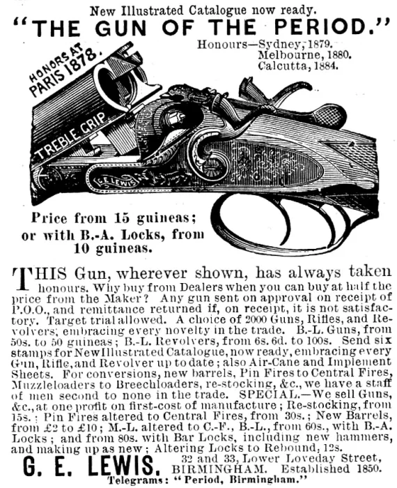 Framed Print : Advertisement for G. E. Lewis, gunmakers, 1895. Creator: Unknown Framed Print : Advertisement for G. E. Lewis, gunmakers, 1895. Creator: Unknown