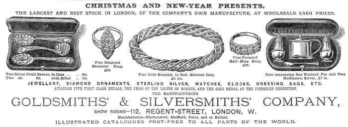 Framed Print : Advertisement for the Goldsmiths & Silversmiths Company, 1883. Creator: Unknown. Advertisement for the Goldsmiths & Silversmiths Company, 1883 Framed Print : Advertisement for the Goldsmiths & Silversmiths Company, 1883. Creator: Unknown. Advertisement for the Goldsmiths & Silversmiths Company, 1883