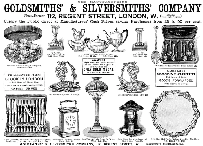 Framed Print : Advertisement for Goldsmiths & Silversmiths Company, 1890. Creator: Unknown Framed Print : Advertisement for Goldsmiths & Silversmiths Company, 1890. Creator: Unknown