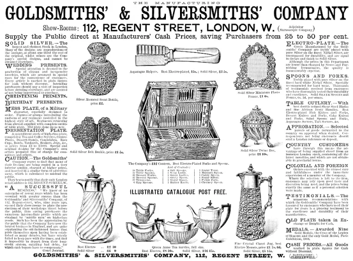 Framed Print : Advertisement for Goldsmiths & Silversmiths Company, 1890. Creator: Unknown Framed Print : Advertisement for Goldsmiths & Silversmiths Company, 1890. Creator: Unknown