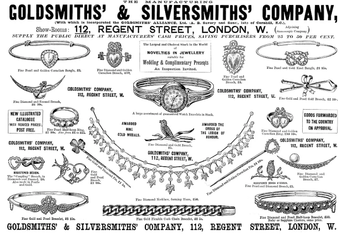 Framed Print : Advertisement for the Goldsmiths & Silversmiths Company, 1895. Creator: Unknown. Advertisement for the Goldsmiths & Silversmiths Company, 1895 Framed Print : Advertisement for the Goldsmiths & Silversmiths Company, 1895. Creator: Unknown. Advertisement for the Goldsmiths & Silversmiths Company, 1895