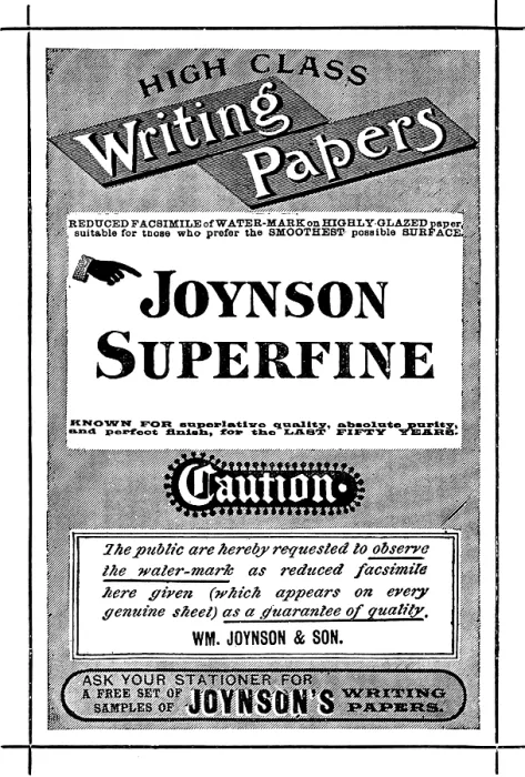 Framed Print : Advertisement for Joynson Superfine High Class Writing Papers, 1890. Creator: Unknown Framed Print : Advertisement for Joynson Superfine High Class Writing Papers, 1890. Creator: Unknown