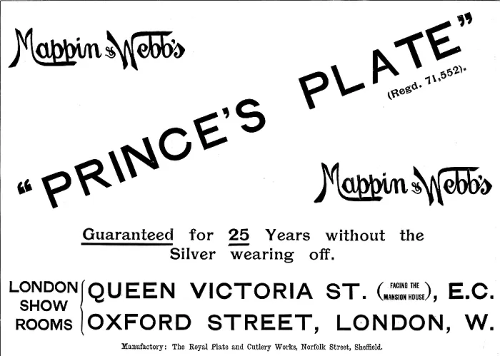Framed Print : Advertisement for Mappin & Webb's 'Prince's Plate', 1895. Creator: Unknown. Advertisement for Mappin & Webb's 'Prince's Plate', 1895 Framed Print : Advertisement for Mappin & Webb's 'Prince's Plate', 1895. Creator: Unknown. Advertisement for Mappin & Webb's 'Prince's Plate', 1895