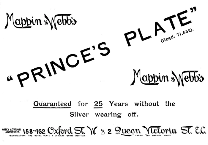 Framed Print : Advertisement for Mappin & Webb's 'Prince's Plate', 1895. Creator: Unknown. Advertisement for Mappin & Webb's 'Prince's Plate', 1895 Framed Print : Advertisement for Mappin & Webb's 'Prince's Plate', 1895. Creator: Unknown. Advertisement for Mappin & Webb's 'Prince's Plate', 1895
