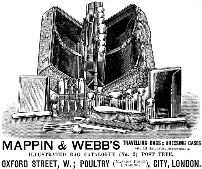 Framed Print : Advertisement for Mappin & Webb's Travelling Bags & Dressing Cases, 1890. Creator: Unknown Framed Print : Advertisement for Mappin & Webb's Travelling Bags & Dressing Cases, 1890. Creator: Unknown