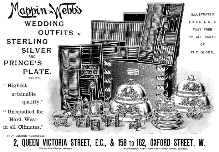 Framed Print : Advertisement for Mappin & Webb's Wedding Outfits in Sterling Silver and Prince's Plate, 1895 Framed Print : Advertisement for Mappin & Webb's Wedding Outfits in Sterling Silver and Prince's Plate, 1895