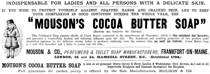 Framed Print : Advertisement for 'Mouson's Cocoa Butter Soap', 1890. Creator: Unknown Framed Print : Advertisement for 'Mouson's Cocoa Butter Soap', 1890. Creator: Unknown