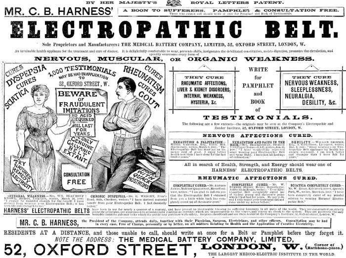 Framed Print : Advertisement for Mr. C. B. Harness Electropathic Belt, 1890. Creator: Unknown Framed Print : Advertisement for Mr. C. B. Harness Electropathic Belt, 1890. Creator: Unknown
