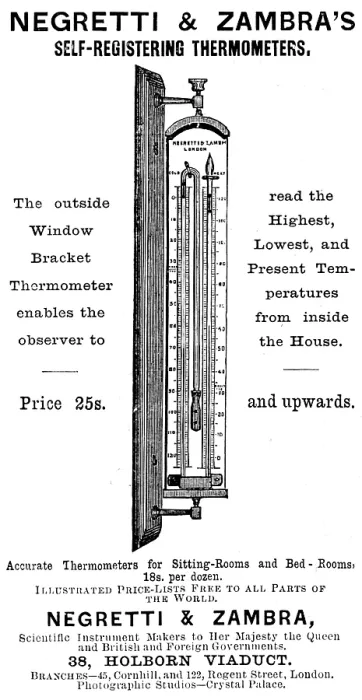Framed Print : Advertisement for Negretti & Zambra's Self-Registering Thermometers, 1895 Framed Print : Advertisement for Negretti & Zambra's Self-Registering Thermometers, 1895