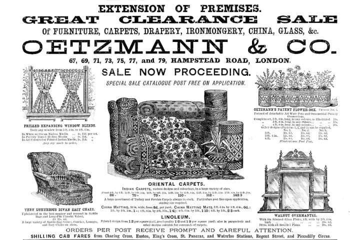 Framed Print : Advertisement for Oetzmann & Co. Great Clearance Sale, 1890. Creator: Unknown Framed Print : Advertisement for Oetzmann & Co. Great Clearance Sale, 1890. Creator: Unknown