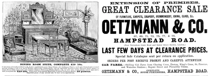 Framed Print : Advertisement for Oetzmann & Co. Great Clearance Sale, 1890. Creator: Unknown Framed Print : Advertisement for Oetzmann & Co. Great Clearance Sale, 1890. Creator: Unknown