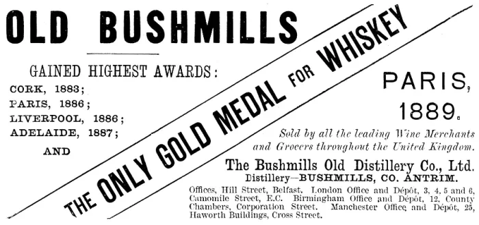 Framed Print : Advertisement for Old Bushmills Whiskey, 1890. Creator: Unknown Framed Print : Advertisement for Old Bushmills Whiskey, 1890. Creator: Unknown