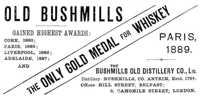 Framed Print : Advertisement for Old Bushmills Whiskey, 1890. Creator: Unknown Framed Print : Advertisement for Old Bushmills Whiskey, 1890. Creator: Unknown
