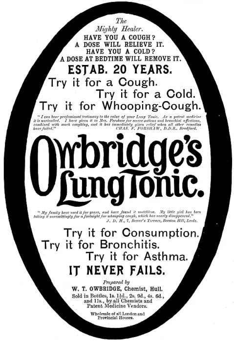 Framed Print : Advertisement for Owbridge's Lung Tonic, 1895. Creator: Unknown. Advertisement for Owbridge's Lung Tonic, 1895. Creator: Unknown Framed Print : Advertisement for Owbridge's Lung Tonic, 1895. Creator: Unknown. Advertisement for Owbridge's Lung Tonic, 1895. Creator: Unknown