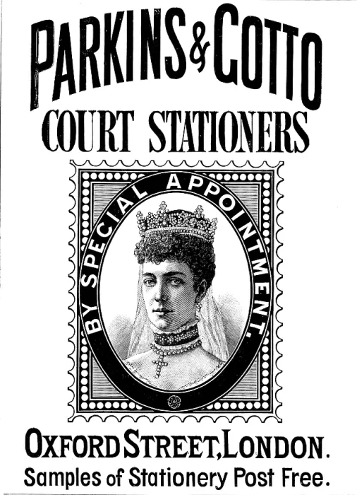 Framed Print : Advertisement for Parkins & Gotto, Court Stationers, 1890. Creator: Unknown Framed Print : Advertisement for Parkins & Gotto, Court Stationers, 1890. Creator: Unknown