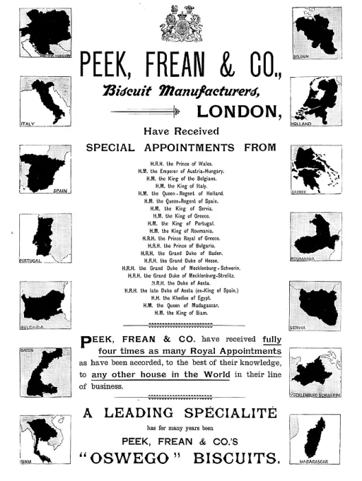 Framed Print : Advertisement for Peek, Frean & Co. biscuit manufacturers, 1895. Creator: Unknown Framed Print : Advertisement for Peek, Frean & Co. biscuit manufacturers, 1895. Creator: Unknown