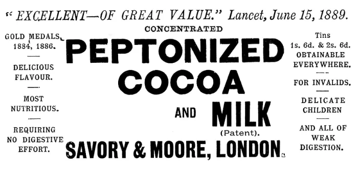 Framed Print : Advertisement for Peptonized Cocoa and Milk, 1890. Creator: Unknown Framed Print : Advertisement for Peptonized Cocoa and Milk, 1890. Creator: Unknown