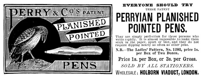 Framed Print : Advertisement for Perryian Planished Pointed Pens, 1890. Creator: Unknown Framed Print : Advertisement for Perryian Planished Pointed Pens, 1890. Creator: Unknown