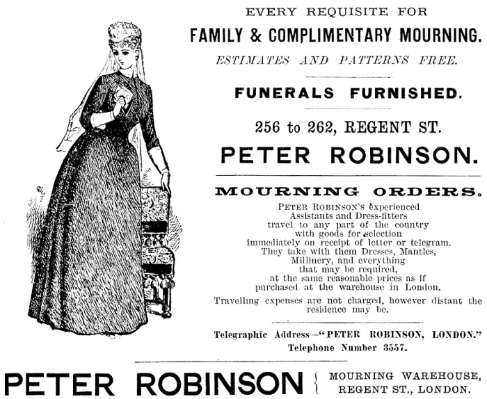 Framed Print : Advertisement for Peter Robinson, Family & Complimentary Mourning, 1890. Creator: Unknown