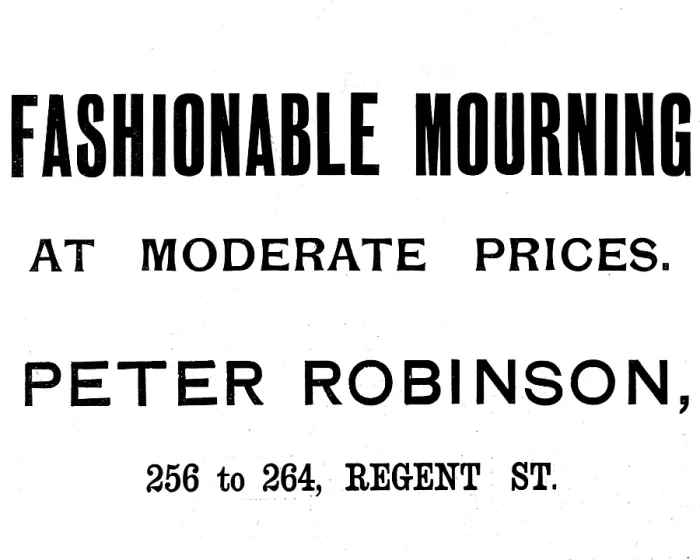 Framed Print : Advertisement for Peter Robinson mourning wear, 1895. Creator: Unknown Framed Print : Advertisement for Peter Robinson mourning wear, 1895. Creator: Unknown