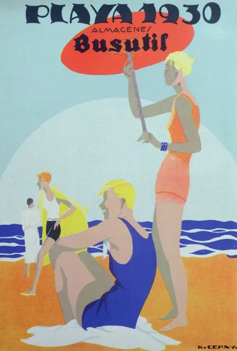 Framed Print : Advertising poster of the beach fashion of Busutil stores, 1930 Framed Print : Advertising poster of the beach fashion of Busutil stores, 1930