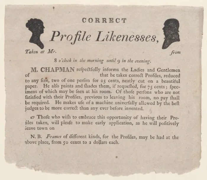 Framed Print : Advertisement for profile likenesses by Moses Chapman, 1803-21. 1803-21. Creator: Anon Framed Print : Advertisement for profile likenesses by Moses Chapman, 1803-21. 1803-21. Creator: Anon